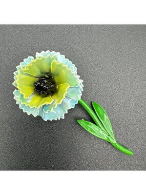 Vintage MOD 3D Blue Green Enamel Flower Brooch Pin Hippy Retro Jewelry